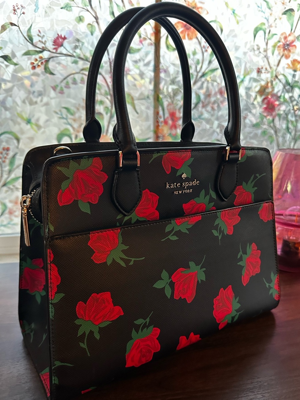 Kate Spade New York satchel stunning black leather bold red rose print EUC